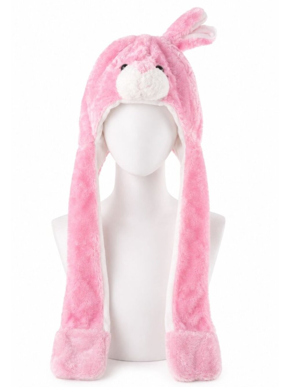 Pink Bunny Plush Hat Ear Flaps with Arm-Length Attached Mittens fall cozy